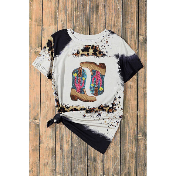 Sequin Boots Leopard Round Neck Short Sleeve T-Shirt - Picture 3 of 3